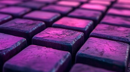 Poster - The image depicts a violet and white, futuristic tech background with a neatly aligned multisized block wall, created using 3D rendering