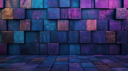 Poster - The image depicts a futuristic tech wallpaper with a 3D render of cubes in various sizes, perfectly aligned and colored in purple and black