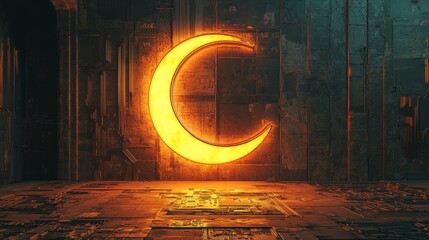 Poster - A vibrant icon featuring a neon moon symbol embodies the Orange and Yellow Night mode Technology Concept, set against a black background with a futuristic floor in a 3D rendering