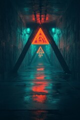 Poster - Stock image of a futuristic metaverse triangle tunnel filled with polygon shapes and lined with circuit boards