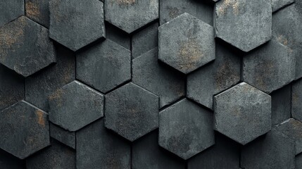 Poster - The arrangement of concrete tiles creates a futuristic wall, with a 3D semigloss background made up of hexagonal blocks, all part of a 3D render