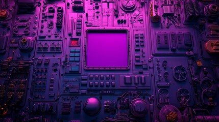 Poster - The image is a futuristic 3D render with a technological background that includes purple, sci-fi panels