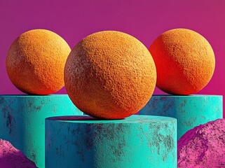 Poster - A blue background serves as the setting for a front view of three cylinders, each topped with an orange ball