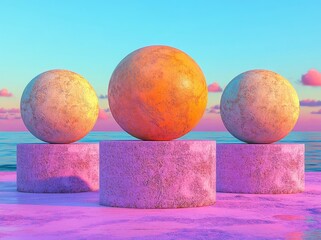 Poster - A 3D rendered picture showing four balls on stands set against a blue background with a purple surface in the front view