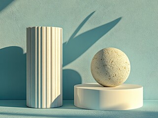 Fototapete - Image depicting two spheres on pedestals with cylinders in the background set against a blue backdrop in a 3d abstract style from the front’ becomes ‘A 3d abstract front view image featuring two