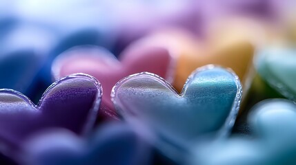 Poster - Colorful heart shapes in soft focus with purple and blue pastel tones creating romantic dreamy atmosphere. Macro photography captures delicate details and bokeh effect.