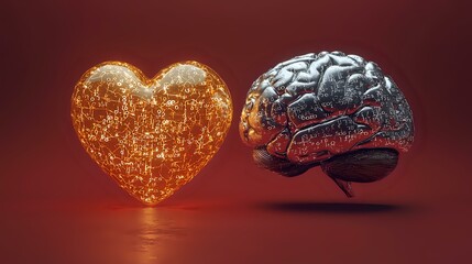 Aufkleber - Glowing golden heart and metallic brain floating on red background illustrates emotional intelligence and mind-heart connection in decision making process.