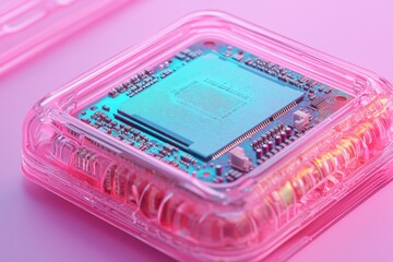 Poster - The abstract design of a CPU is minimalist, with a 3D appearance and a color scheme of cute pastel pink and blue