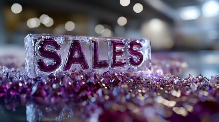 Poster - Glittering purple crystal formation spells out SALES text against blurred bokeh background, creating luxurious retail marketing composition for business promotion.