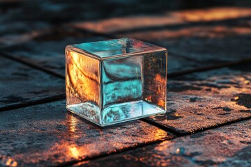 Poster - A 3D Trendy Crystal Glass Cube that showcases a Glossy Rainbow Spectrum