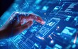 © ASIH - Interactive AI interface on a digital display.  Human hand interacts with a holographic smartphone displaying AI