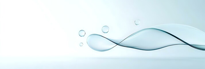 Poster - Flowing abstract aqua waves with transparent water drops create gentle curves against light blue background, conveying freshness and fluidity in minimalist style.