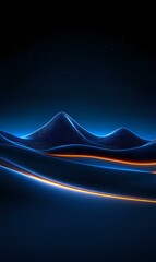 Poster - Abstract digital landscape with glowing blue wireframe mountains and orange light trails against dark background. Futuristic terrain visualization for technology concepts.
