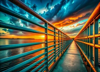Poster - Vibrant Orange and Teal Industrial Landscape with Metallic Bars