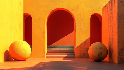 Poster - The image is a 3D rendering that consists of abstract geometric shapes colored in orange tones