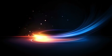 Poster - Dynamic light trail effect with glowing orange and blue streaks against dark background, creating cosmic motion path with sparkling particles in space.