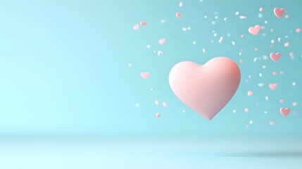 Poster - Pink heart floating in soft blue pastel background with small scattered hearts creating romantic atmosphere, love concept for valentines day and wedding designs.