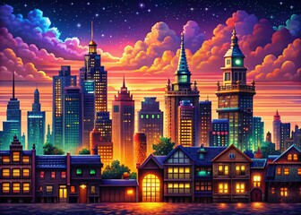 Poster - Vibrant Pixel Art Cityscape at Sunset - Low Light Digital Painting