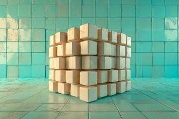 Fototapete - The image features a 3D abstract cube on a blue-colored background