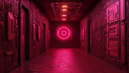 Poster - The 3D render shows a red abstract maze design that is empty of people