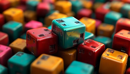 Poster - Multicolored cubes are depicted in a 3D render with an abstract geometric design and a rainbow-colored gradient