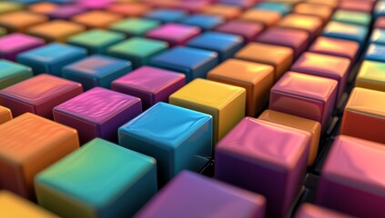 Poster - Image of multicoloured cubes rendered in 3D with a vibrant rainbow background