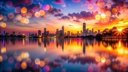 Poster - Vibrant Sunset City Skyline Reflection, Silhouetted Trees, Bokeh Photography