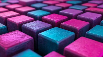 Poster - A 3D render of neatly constructed translucent cubes in violet and orange creates a contemporary tech wallpaper