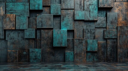 Poster - A dark background serves as the foundation for this futuristic, high-tech visual, which includes a rectangular block structure and a wall with a 3D rectangle tile pattern, all rendered in 3D