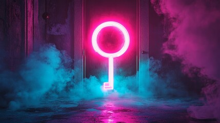 Poster - The image features a vibrant security technology symbol in the form of a pink and blue neon light key icon, isolated on a black background, created using 3D rendering