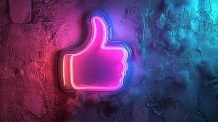 Poster - The image features a 3D rendered thumbs up symbol with bright pink and blue neon lighting, representing technology, isolated on a black backdrop