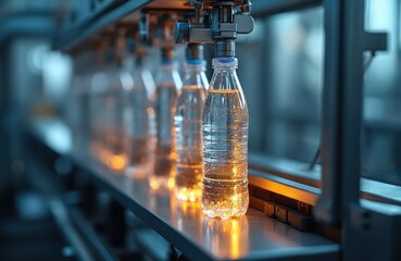 Poster - Close-up of plastic water bottles on automated bottling line in modern factory. Transparent bottles filled, capped. Conveyor belt system, industrial manufacturing. Mass production, efficiency,