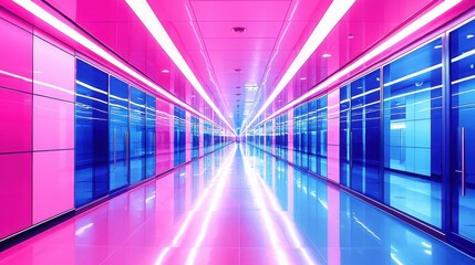 Poster - Long and inviting corridor decorated with soft pink and blue walls creating a bright and cheerful atmosphere