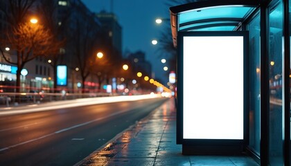 Fototapete - Advertising billboard with blank canvas on bus shelter, citylight on public transport stop. Mockup ad banner, commercial template on street. Night urban advertisement concept.