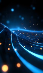 Poster - Abstract digital waves with glowing blue light streams and orange particles floating in dark space, network connectivity concept for technology backgrounds.
