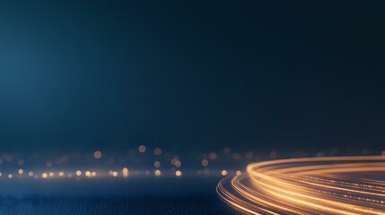 Poster - Curved highway light trails at night with glowing orange streaks against dark blue sky, creating dynamic motion effect for transportation and technology concepts.