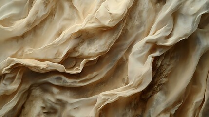 Poster - Crumpled beige fabric with soft folds and wrinkles creating abstract organic texture pattern, dramatic shadows and light interplay for luxury design background.