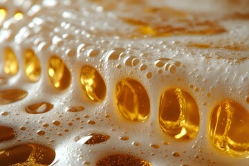 Poster - Golden liquid droplets with white foam creating abstract macro photography pattern. Refreshing beverage bubbles catching light in amber tones against blurred background.