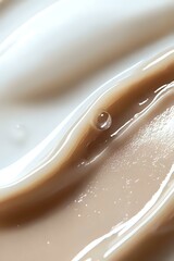 Poster - Single water drop on smooth flowing brown and white abstract surface with gentle waves and sparkles creating elegant minimalist macro composition.
