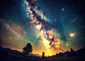 Wall Mural - Vintage Milky Way Night Sky Astrophotography - Starry Galaxy Landscape