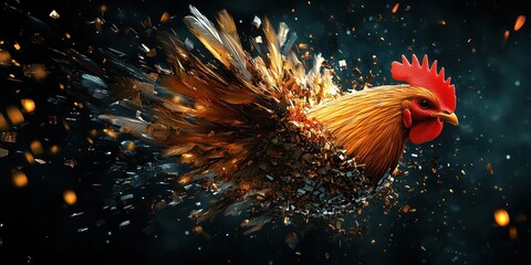 Poster - A rooster rendered with a shattered effect in a dark environment