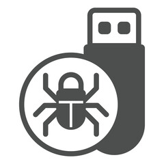 Fototapete - Flash drive with virus solid icon, hacker attacks concept. Vector graphics. Hacker exploit, bug on pen drive sign on white background, glyph style icon for mobile or web design.