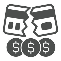 Poster - Broken bank card with coins solid icon, hacker attacks concept. Vector graphics. Cracked credit card and dollar coin sign on white background, glyph style icon for mobile or web design.