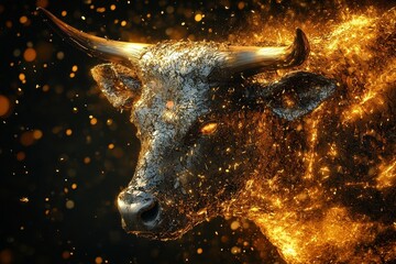 Poster - The metallic bull head with illuminated golden glowing effects