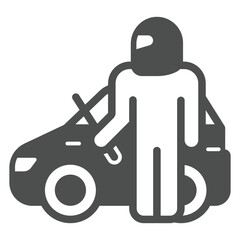 Poster - Thief man with mask at car solid icon, insurance event concept. Vector graphics. Human theft automobile sign on white background, glyph style icon for mobile or web design.