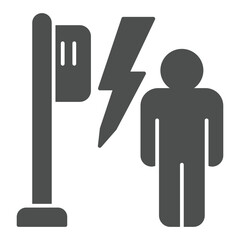 Poster - Man with electric box on pole solid icon, insurance concept. Vector graphics. Lightning risk at transformer and human sign on white background, glyph style icon for mobile or web design.