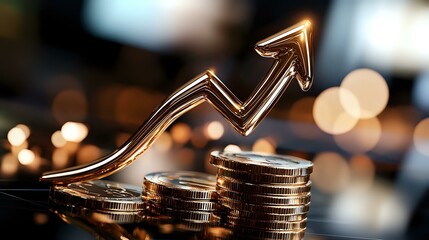 Poster - Stacks of silver coins with upward trending metallic arrow against blurred bokeh background showing financial growth and investment success.