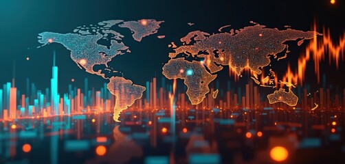 Poster - Global business concept illustration with world map, colorful data charts. Financial analysis visualization for report, presentation. International trade, stock exchange, economy, corporate