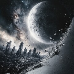 Wall Mural - a celestial landscape featuring a huge moon and distant structures
