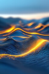 Aufkleber - abstract digital waves with glowing golden light flowing through blue particle landscape, creating d